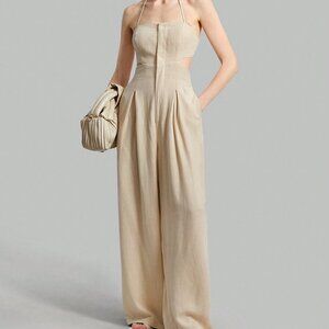 Khaki Sexy Women's Backless Strap Halter Jumpsuit